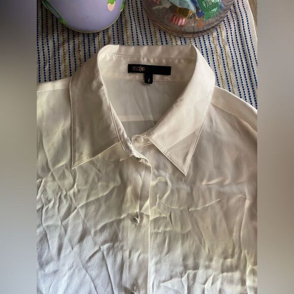 Maje Pearl White Silk Shirt Collared Button Down Blouse Classic Sz 2 US M - Picture 10 of 16